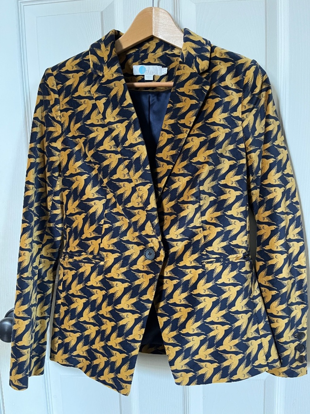 NWOT Boden US 4 Navy Mustard Yellow Bird Print Velvet Single Button Blazer